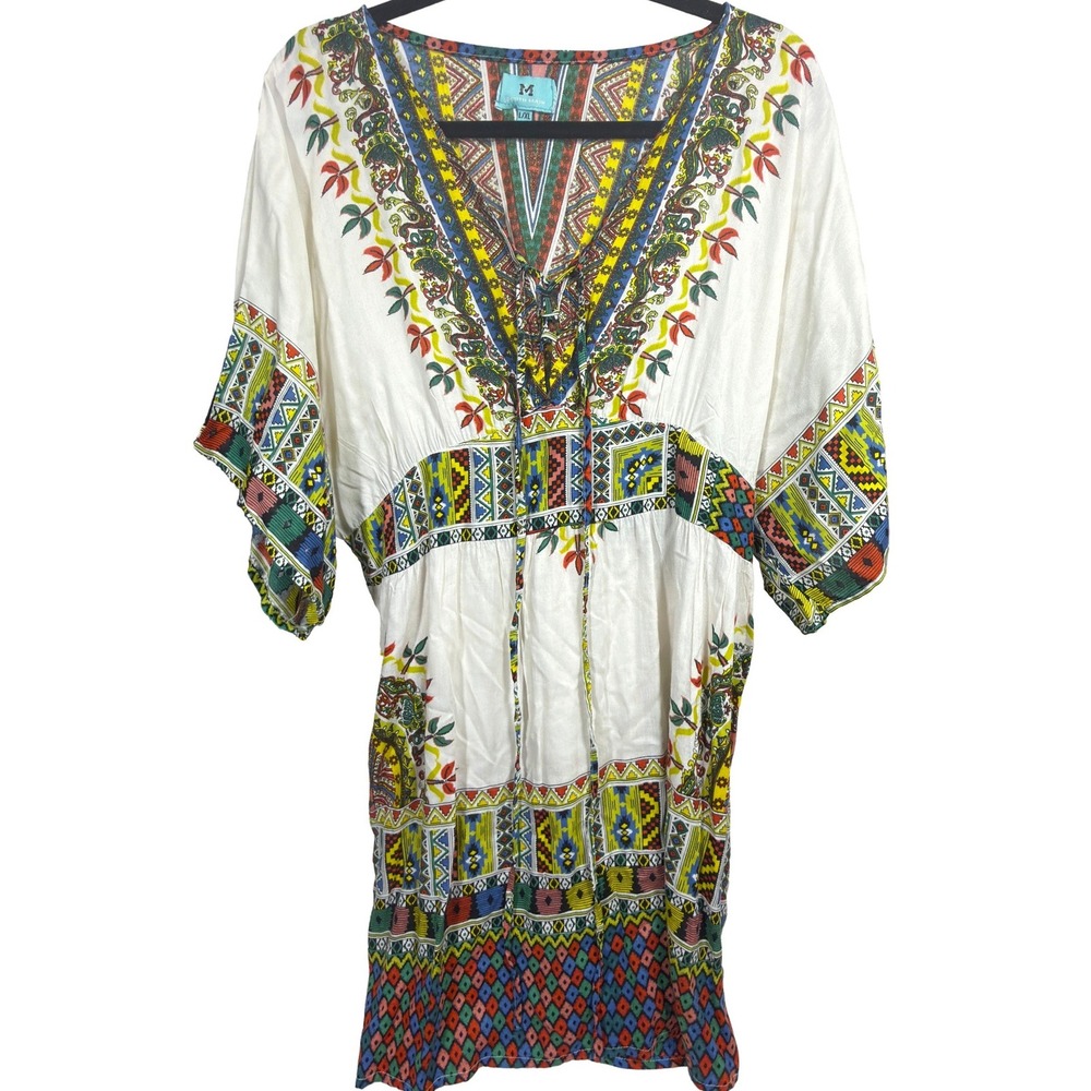 South Main Kaftan Dress L/XL Womens Boho Geometric Lace Up Mini White Multicolor